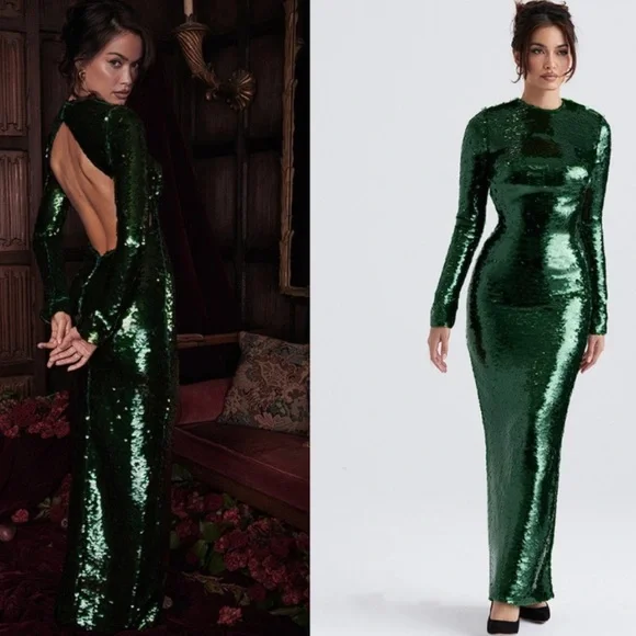 HOUSE OF CB 'Belle' Pine Green Sequin Maxi Dress - Picture 2 of 7